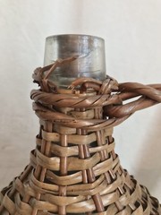 Vintage French Glass Demijohn Wine Bottle Wicker Rattan, 13” Tall
