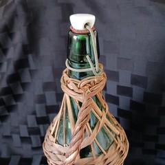 Vtg 2L European 16&Prime; Wicker Covered Demijohn Bottle w/Baled Porcelain Stopper