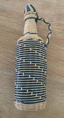 Vintage 1970s FRENCH WICKER-WRAP WINE BOTTLE Parisian Blue/Cream Plastic Vintner