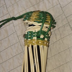 MCM 17in Scoubidou Woven Wicker Demijohn Wine Bottle Metal Handle Spain wood