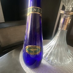 Blue Glass Wine Bottle, Blue Color, with Label VEND / Vendange