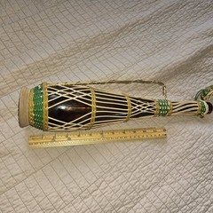 MCM 17in Scoubidou Woven Wicker Demijohn Wine Bottle Metal Handle Spain wood