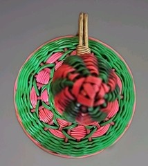 Vintage Green Viresa Glass Bottle Wrapped In Colorful Plastic Wicker 9.5” Tall