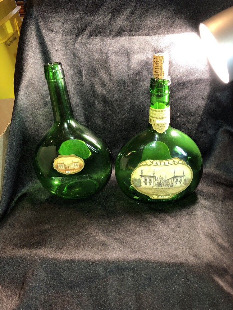 Vintage Lot Of 2 Green MATEUS WINE BOTTLES ~ 50 oz. One With Cork