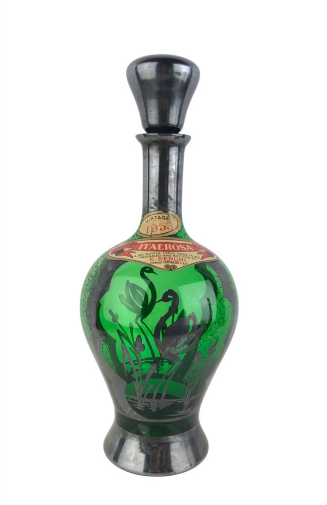1953 Silver Overlay Swan Pond Design Green Glass ItalRosa Wine Bottle w/ Labels