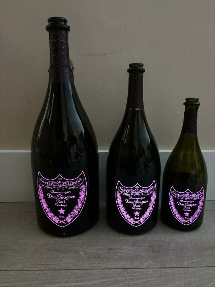 3 Emoty Dom Perignon Rose Champagne Bottle 3 Different Size 3lt , 15lt , 750 ML