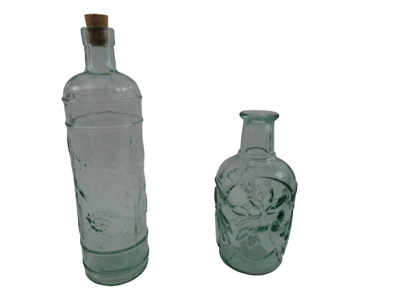 Green Tinted Glass Bottles Lot – Embossed Fruit & Grape Decor 8in & 12in