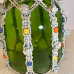 VTG MCM Macrame Green Glass Bottle Wood Beads Boho 12” Retro 70s Genie