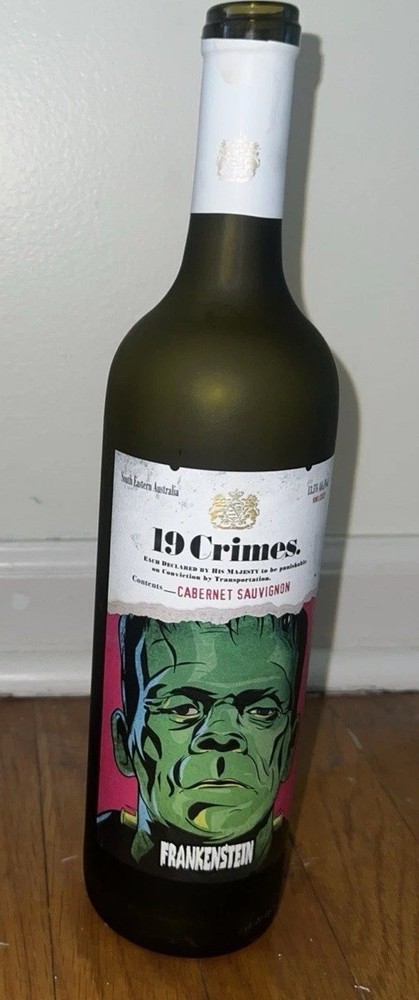 FRANKENSTEIN Glow in Dark 19 Crimes Empty Wine Bottle, Monsters