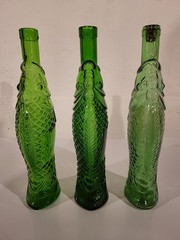 LOT of 3 Vintage FEDERAL & PESCEVINO Fish Green Glass Wine Bottle Decanters 13&Prime;