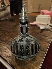 Vintage Elaborate Silvered Copper Wire Filigree Wrapped Green Bottle