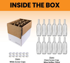 750Ml Clear Glass Wine Bottles with White Metal Screw Caps (Pack of 12) | Empty
