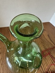 Vintage Hand Blown Green Glass Wine Decanter W/ Ice Chamber & Raffia Stoppers