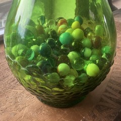 Green Glass Wine Bottle with Cap, Filled with Assorted vintage Marbles Inside
