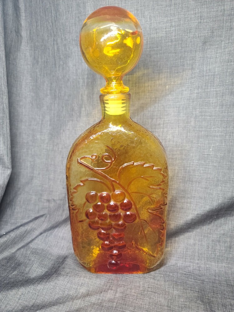 Vintage Amberina Glass Embossed Decanter Bottle Grape Design round Bubble top 14