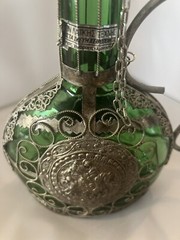 ANTIQUE 9.5” FILIGREE Wrapped Emerald GREEN GLASS Decanter