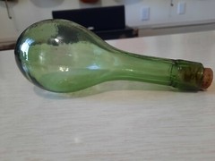 Antique 19th Century Glass Round Bottom Bulb Wine Bottle Flask Decanter Green