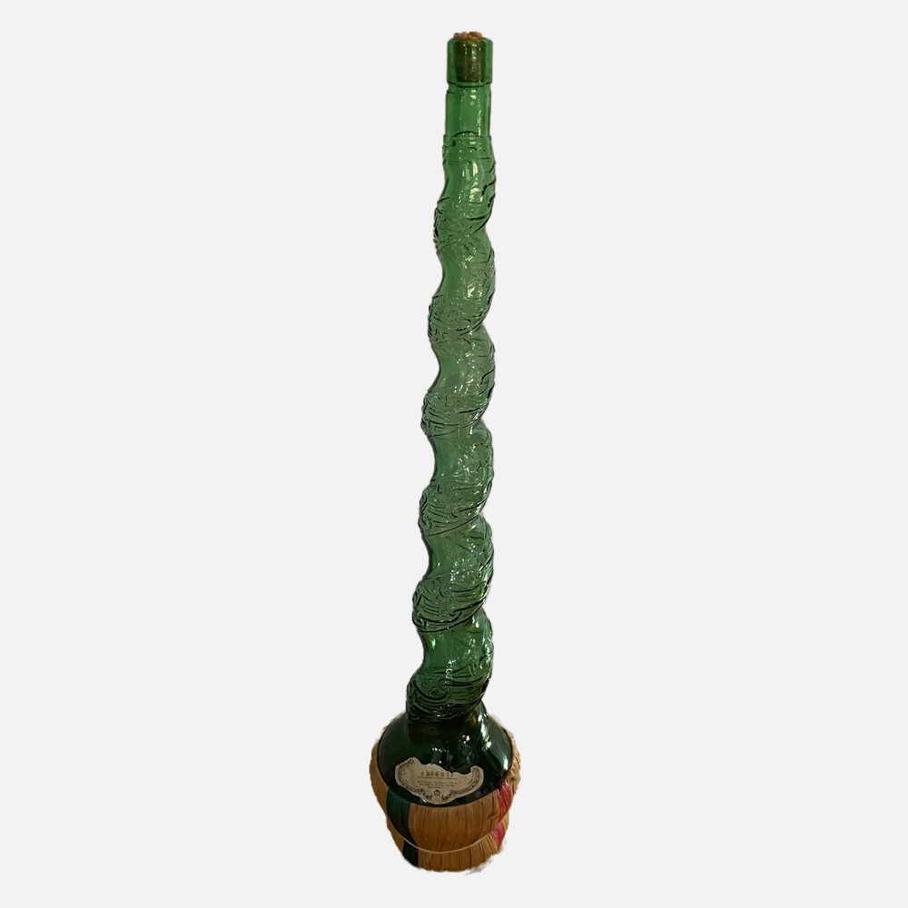 Vtg Empoli 34” Tall Glass Green Bottle Italy Chianti Swirl Cork Label Basket