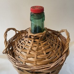 Vtg Wicker Wrapped Demijohn Dalmau Tarragona Green Glass Wine Bottle 13”h x 8.5”