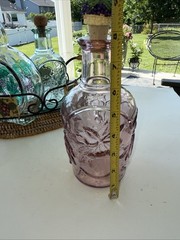 Set Of 3 Glass Embossed Grape Motif WINE Bottles With Basket Corks 7.75” To 9.5”