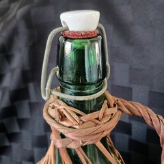 Vtg 2L European 16&Prime; Wicker Covered Demijohn Bottle w/Baled Porcelain Stopper