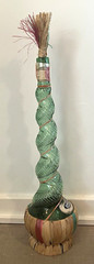 Vtg Italian Chianti Spiral Glass Bottle Raffia Stopper Labels 19.5” GUC