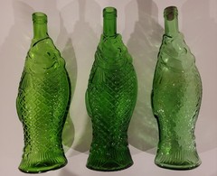 LOT of 3 Vintage FEDERAL & PESCEVINO Fish Green Glass Wine Bottle Decanters 13&Prime;