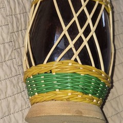 MCM 17in Scoubidou Woven Wicker Demijohn Wine Bottle Metal Handle Spain wood