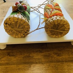 Wicker Rattan Straw Wine Bottle Carrier Holder Tiki Bar Floral Vintage Set Of 2