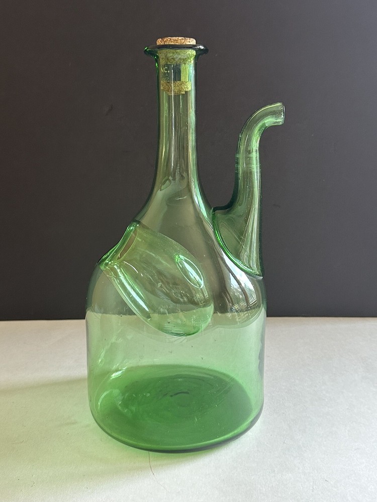 Vintage Hand Blown Green Glass Wine Bottle Decanter W/ Ice Chamber & Cork