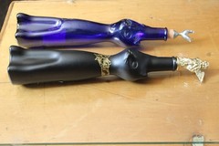 Pair of Mosel Riesling Cat Wine Bottles Frosted Black & Blue With Stoppers