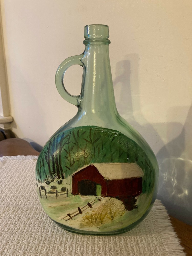Hand Painted Winter Covered Bridge on Half Gallon Glass Jug Wine Bottle Folk Art