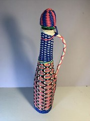 Vintage Woven Plastic Wine Bottle Art with Lid Spain 15&Prime; Tall Retro