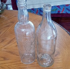 Pair Clear Glass Wine Bottles Embossed Grapevine Motif 4/5 Quart