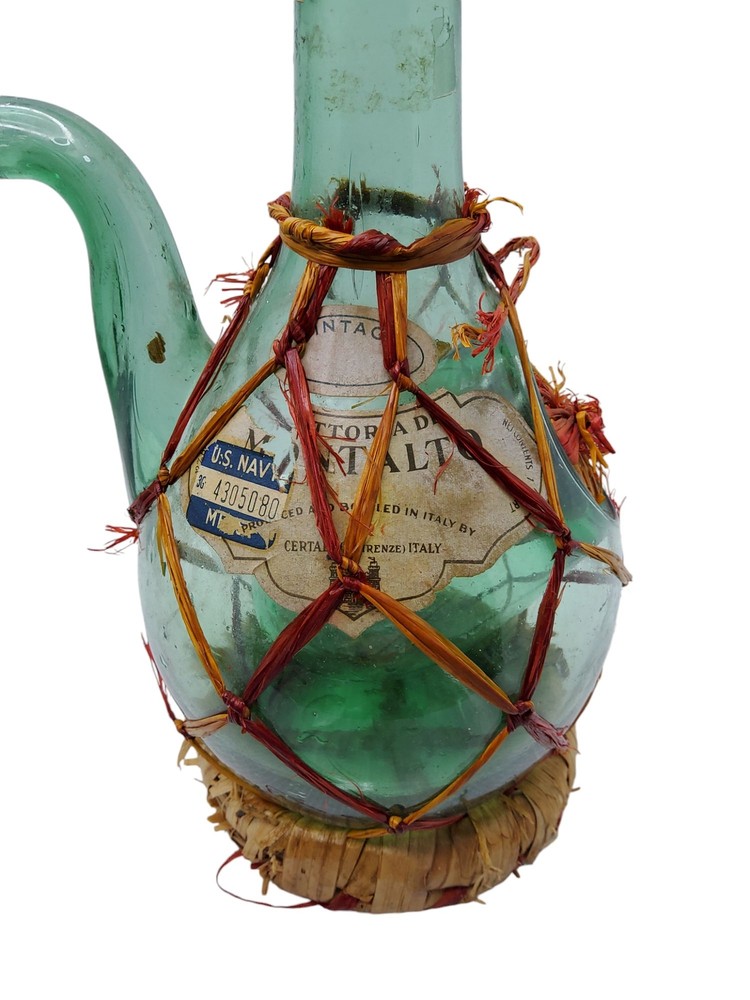 Vintage 1950s attoria di matalto Italian Green Glass Wine Carafe With Wicker & S