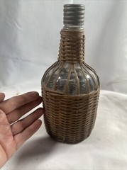 Old Glass Bubble Wicker Wrapped Bottle With Metal Screw Cork 10” Denver Antique