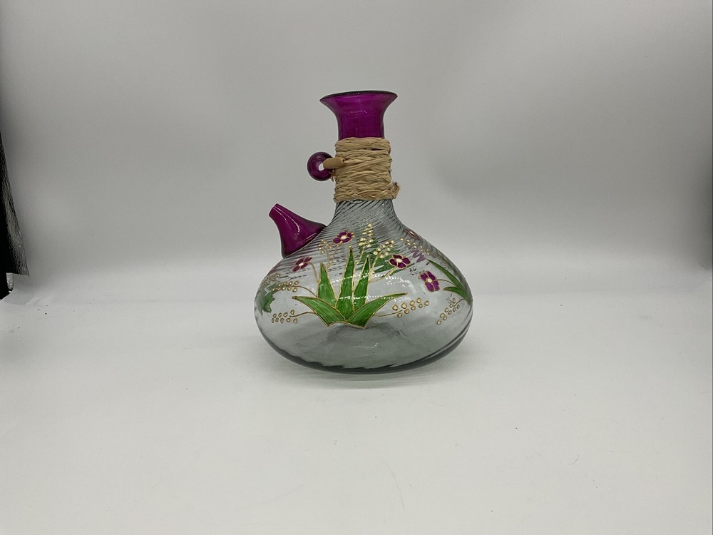 Hand Blown Hand Painted Wine Bottle Signed G.O. Swirl Ribbing