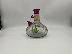 Hand Blown Hand Painted Wine Bottle Signed G.O. Swirl Ribbing