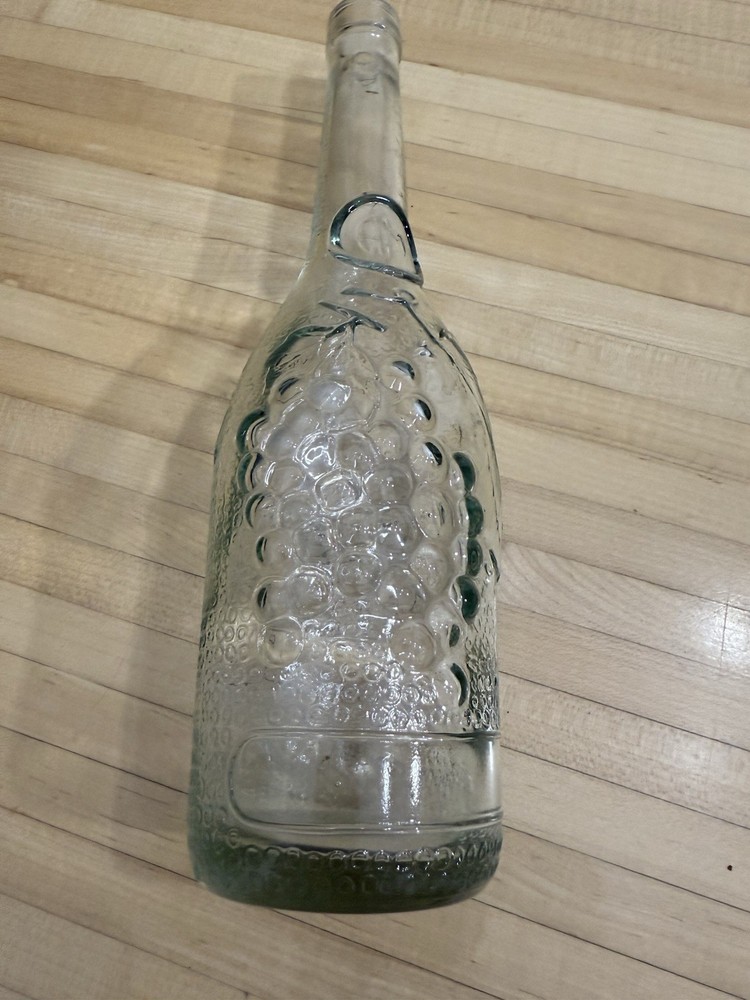 Vintage Spanish Slight Green Tint Glass Wine Bottle 12in Embossed Grape Vines