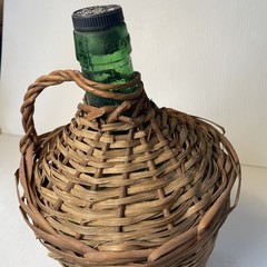 Vtg Wicker Wrapped Demijohn De Muller Spain Green Glass Wine Bottle 13” h x 9” w