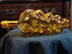 Vtg Amber Chianti Bottle w/ Cork MCM 1970s Hand Blown Glass Grape Bunch Shape