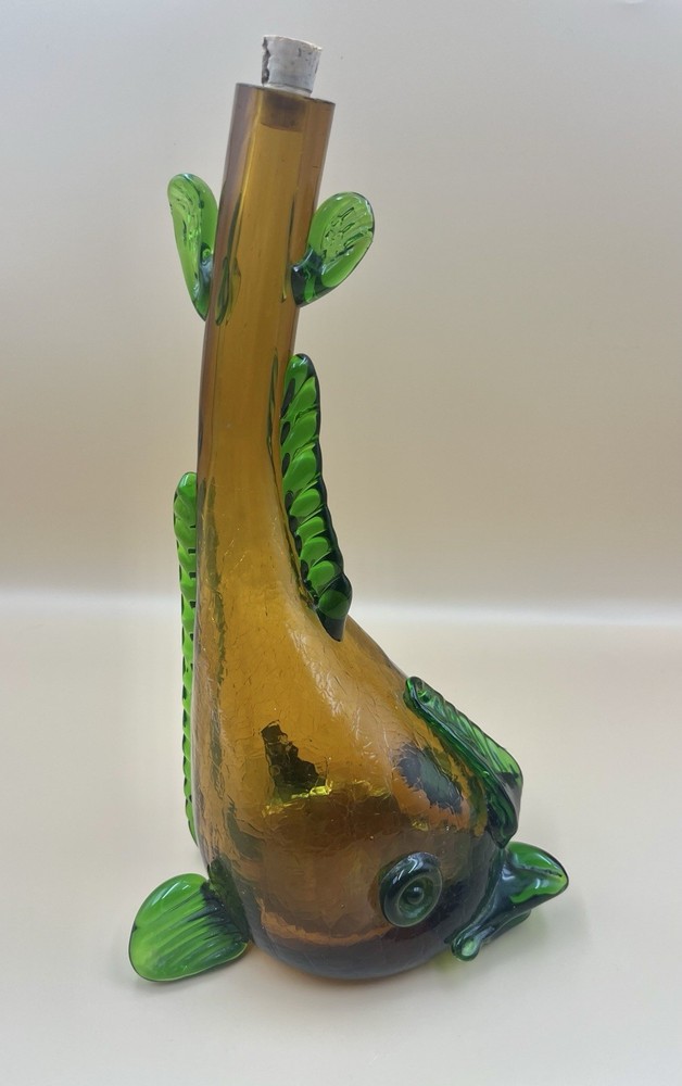 Vintage 1968 Nello Gori Orvieto Blown Crackle Glass Fish Wine Bottle 12”