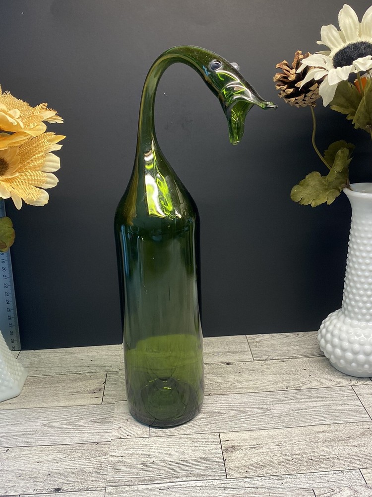 Vintage MCM Hand Blown Unique Goose Head Green Glass Round Bottom Wine Bottle