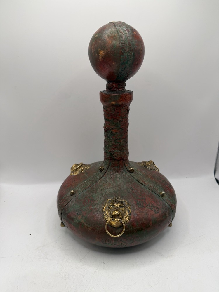 Vintage Antique Italian Leather Wrapped Wine Decanter Empty Made In Italy Unique