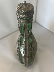 ANTIQUE 9.5” FILIGREE Wrapped Emerald GREEN GLASS Decanter