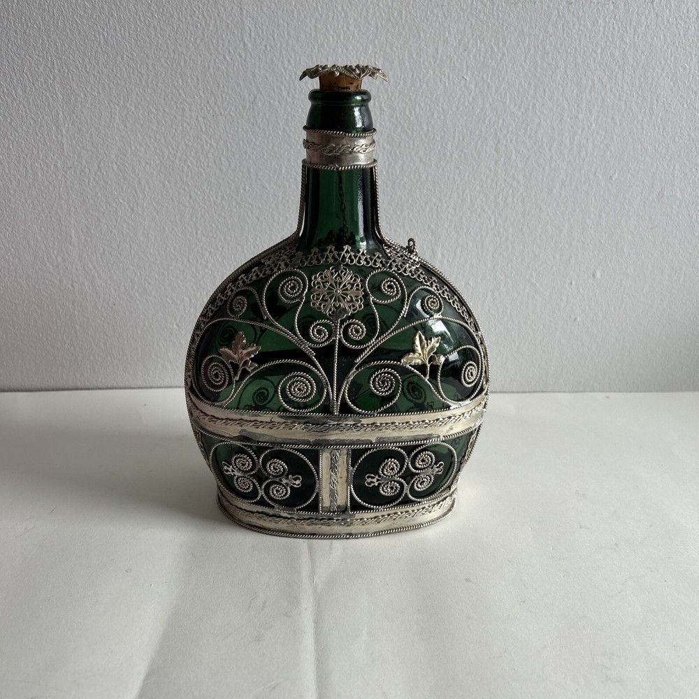 Vintage Elaborate Silvered Copper Wire Filigree Wrapped Bottle