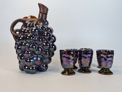 1940s Opalescent Grape Wine Decanter With Cork w 6 Tasting Cups MCM Complete Set