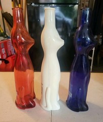 3 Lot Happy Cat Red White Blue Color Glass Tall Bottle Vase Product Germany 13”