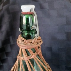 Vtg 2L European 16&Prime; Wicker Covered Demijohn Bottle w/Baled Porcelain Stopper