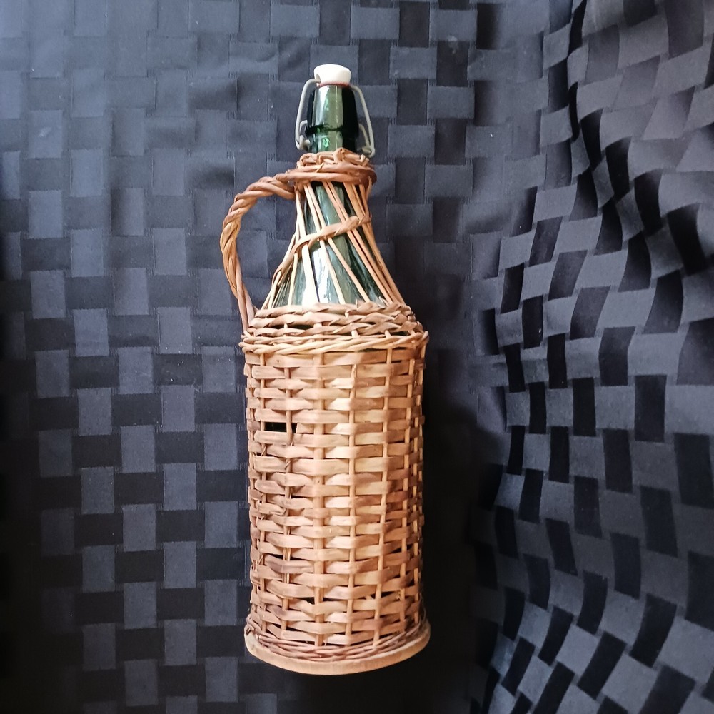 Vtg 2L European 16&Prime; Wicker Covered Demijohn Bottle w/Baled Porcelain Stopper
